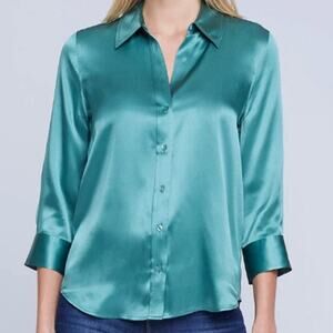 L'AGENCE Dani Three-Quarter Sleeve 100% Silk Shirt Blouse Jasper Green XXL